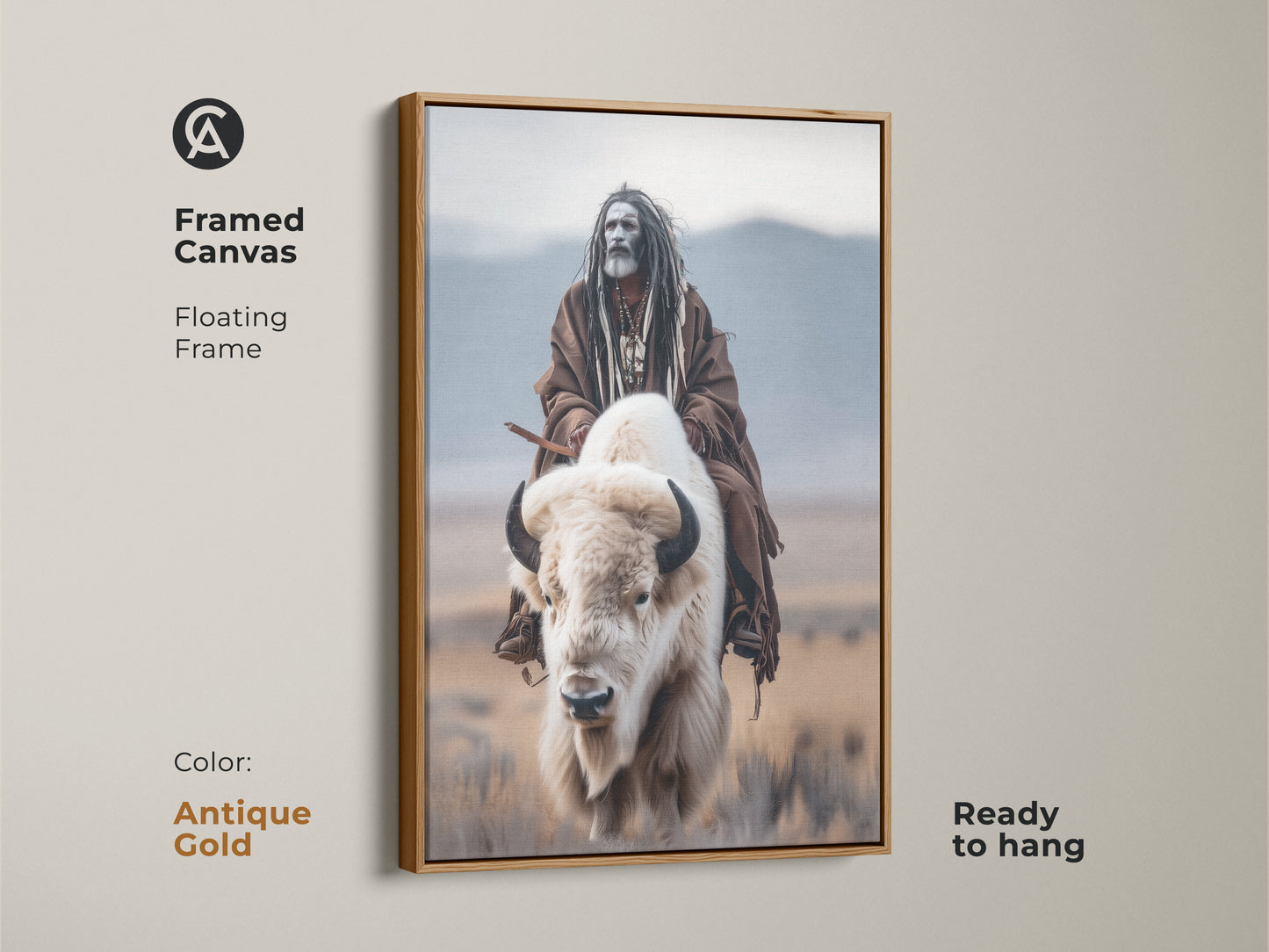 Add a touch of elegance to your home with this framed canvas art. The artwork shows a Native American on a white buffalo. It features a floating antique gold frame. This ready-to-hang piece brings a luxurious feel to your space.