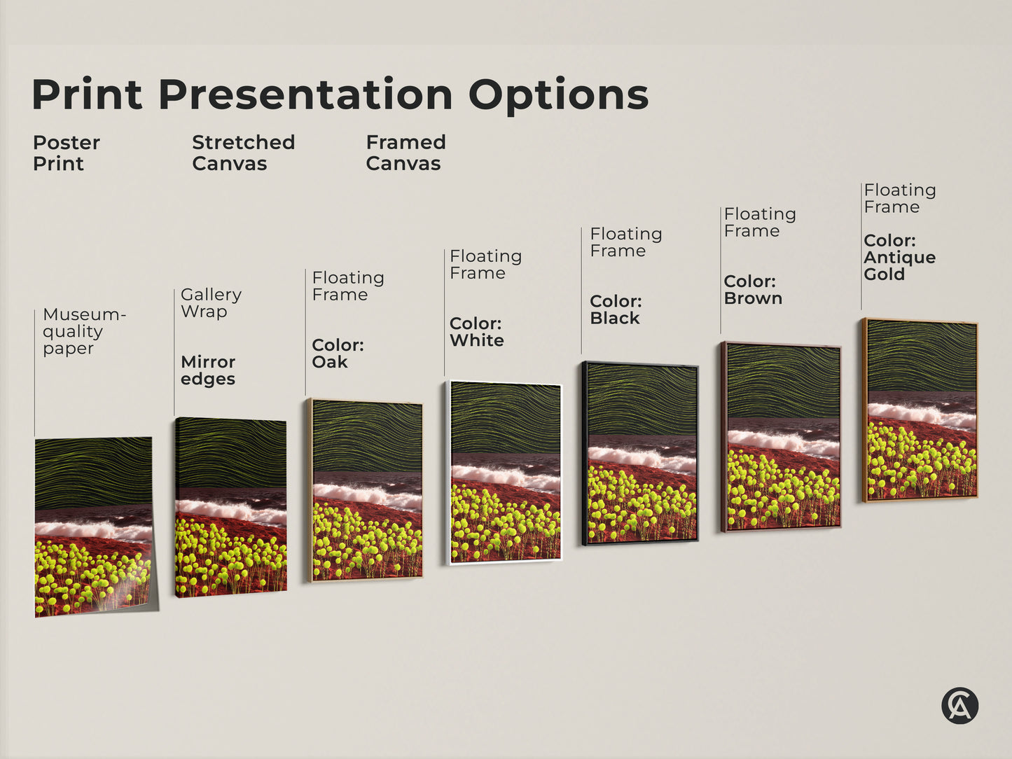 Explore print presentation options for abstract landscape artwork. Choose between poster prints stretched canvas and framed canvas. Find the perfect style for your orb and wave art.