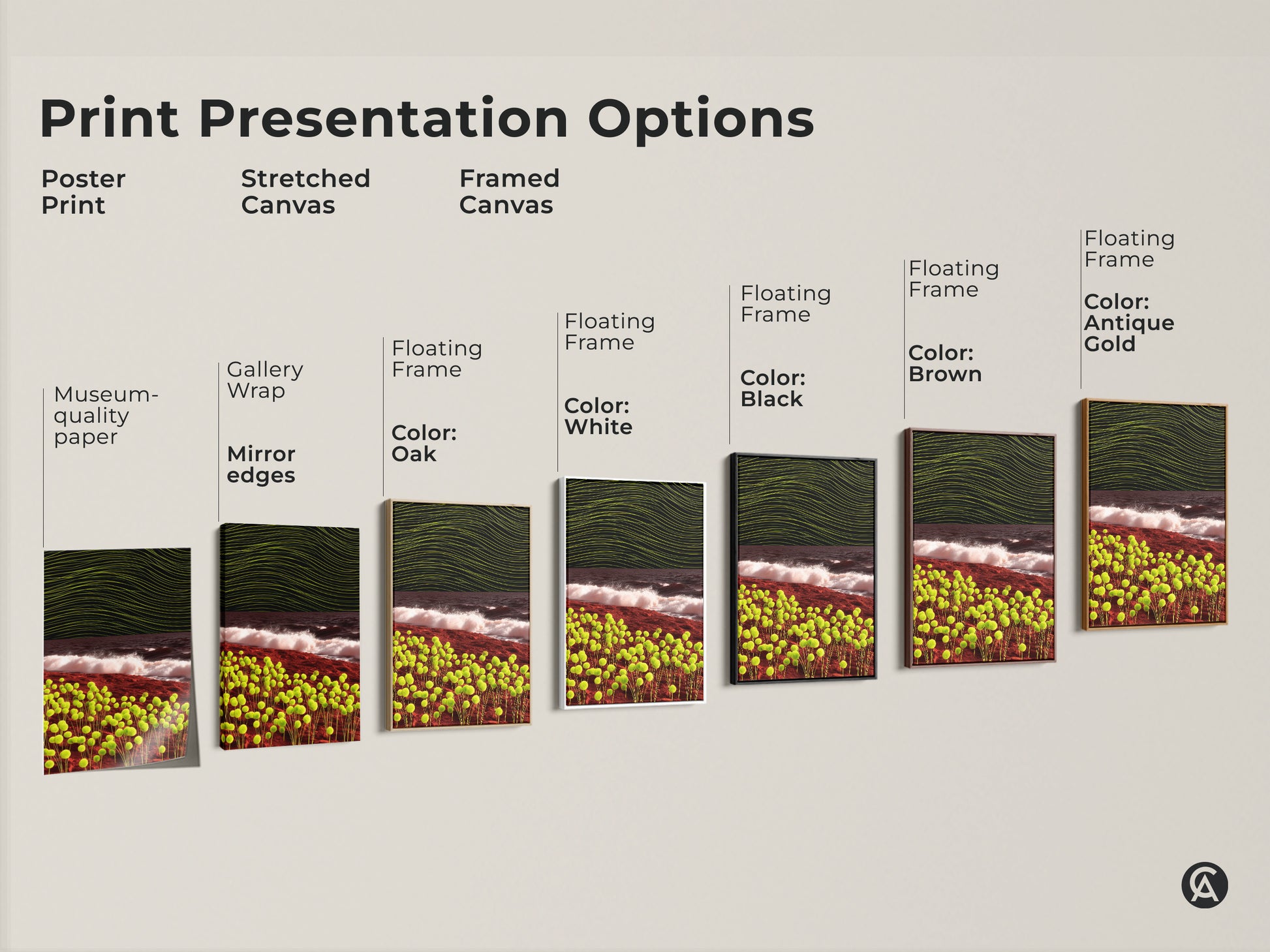 Explore print presentation options for abstract landscape artwork. Choose between poster prints stretched canvas and framed canvas. Find the perfect style for your orb and wave art.