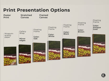 Explore print presentation options for abstract landscape artwork. Choose between poster prints stretched canvas and framed canvas. Find the perfect style for your orb and wave art.