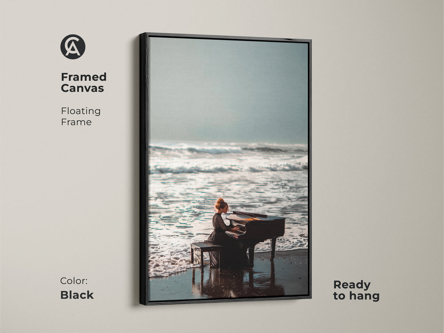 Framed canvas showcases a black floating frame. The artwork features a pianist on a beach. It adds a sophisticated touch to any interior. Ready to hang this piece brings musical tranquility to your home. Explore this framed beach art now.