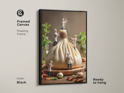 Black framed canvas art featuring miniature chefs preparing a huge dumpling. This floating frame enhances the culinary artwork. The print is ready to hang adding a sophisticated touch to your kitchen wall art collection.