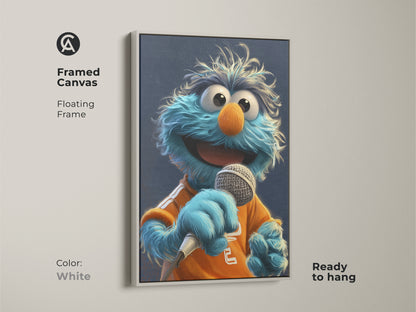 Framed canvas with a white floating frame featuring a blue monster art print. Ready to hang wall art perfect for a kids room. This pop culture artwork is fun and unique.