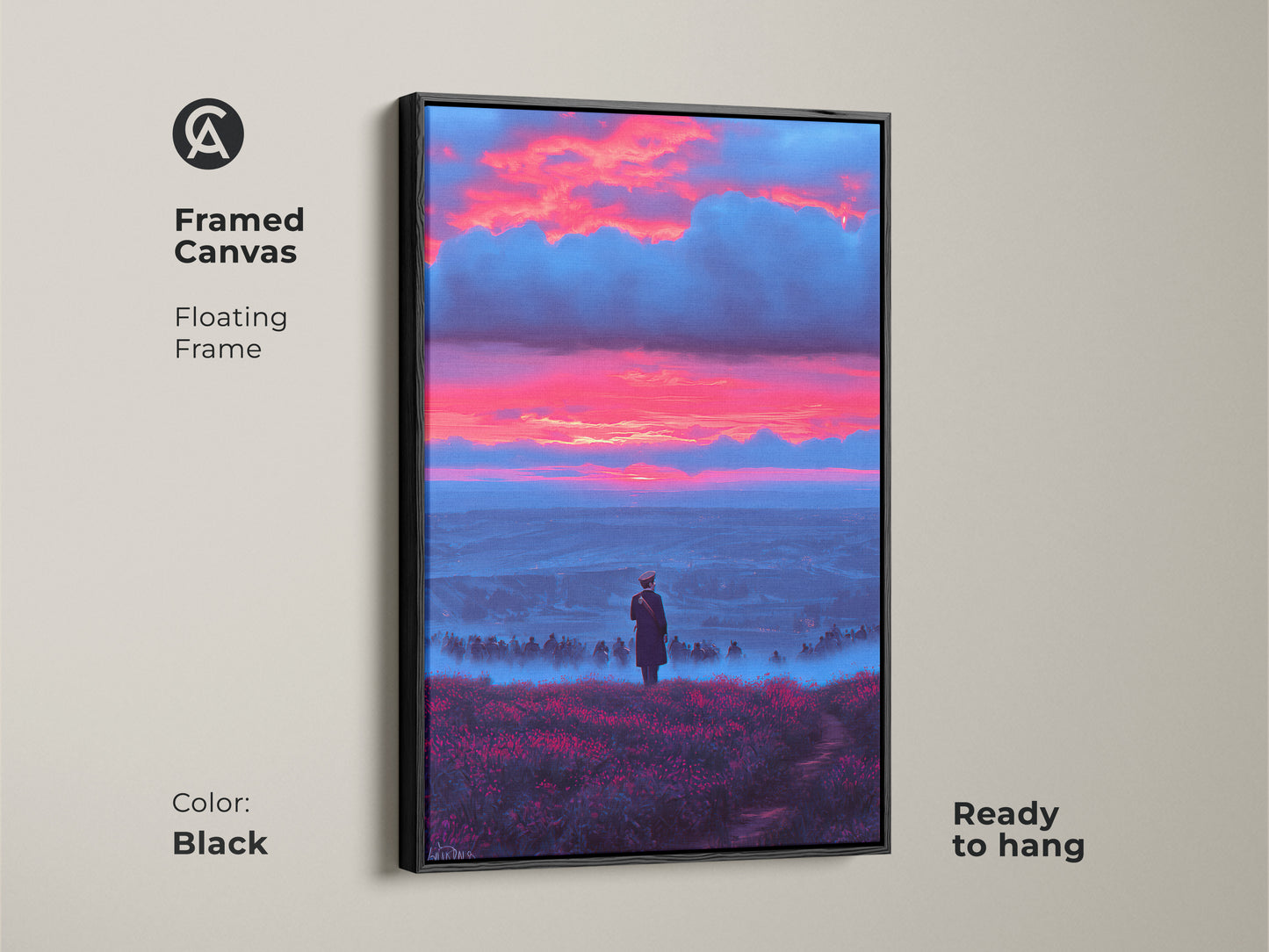 Framed canvas featuring a surreal landscape with a lone figure overlooking a misty valley. The black floating frame enhances the dramatic crimson and blue sunset sky. Ready to hang this eclectic home decor art brings a contemplative mood to your space. A fine art landscape print.