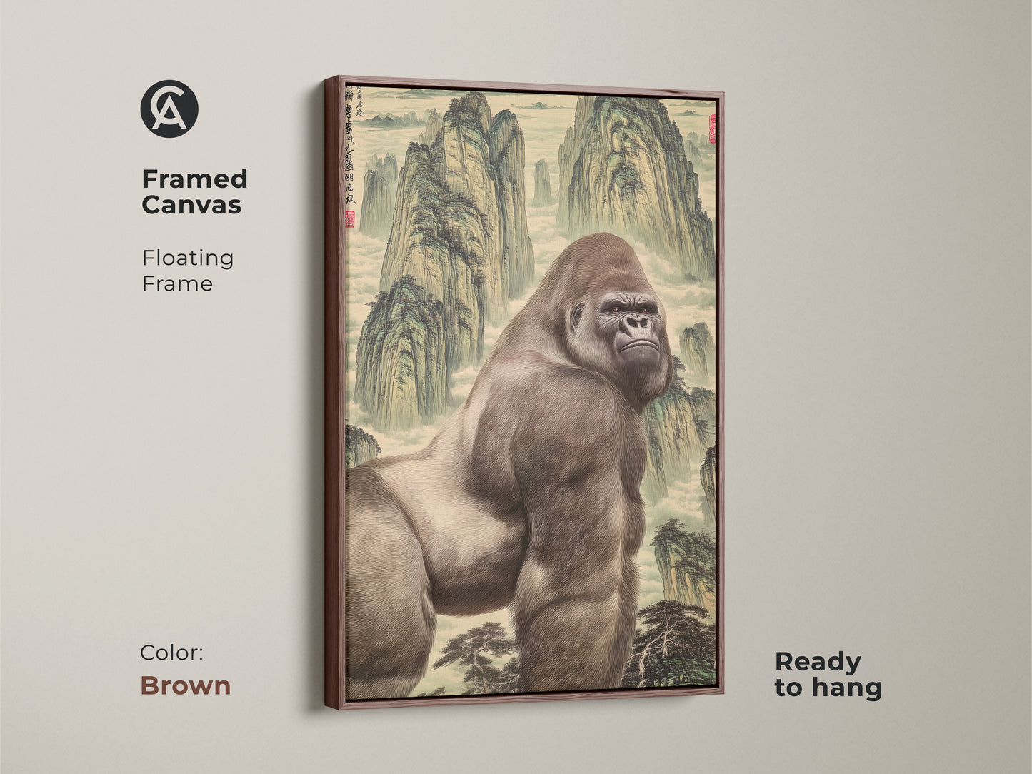 A framed canvas with a brown floating frame shows a mountain gorilla artwork. The gorilla art is set in a Chinese landscape painting. This animal themed decor is ready to hang. It's a unique gift for a gorilla lover.