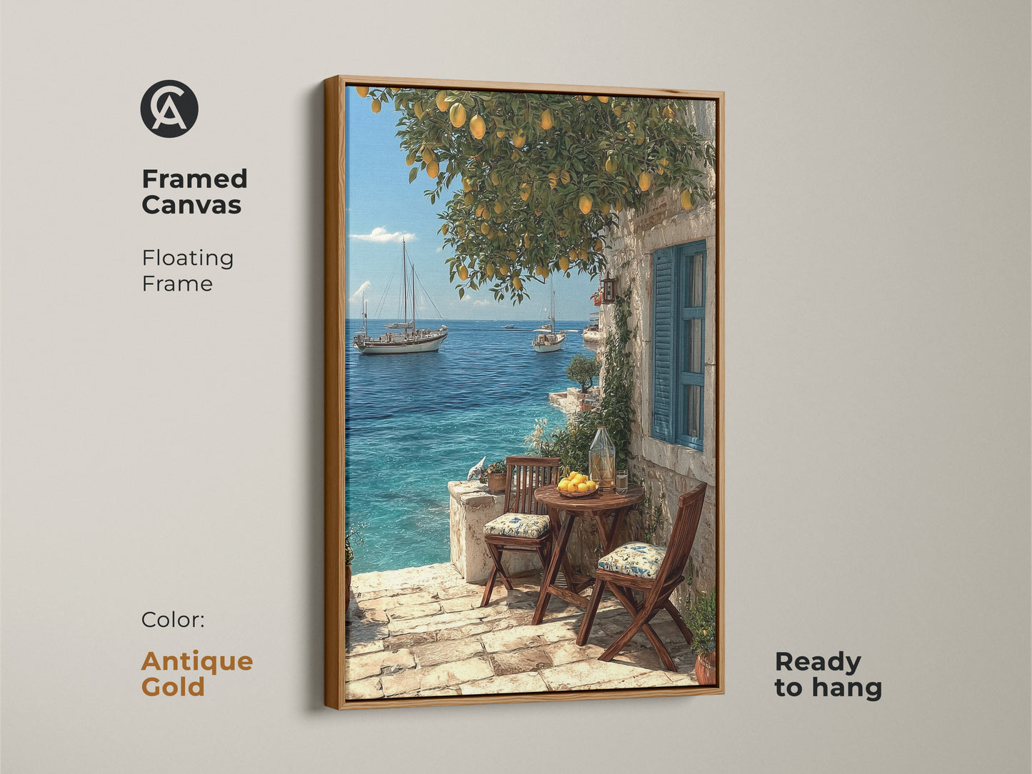 Framed in antique gold this canvas art print captures a Mediterranean coastal view. Sailboats sail on the blue sea beneath a lemon tree. The floating frame adds a touch of luxury. Ready to hang this piece is perfect for summer beach decor. It's a stunning ocean view artwork.