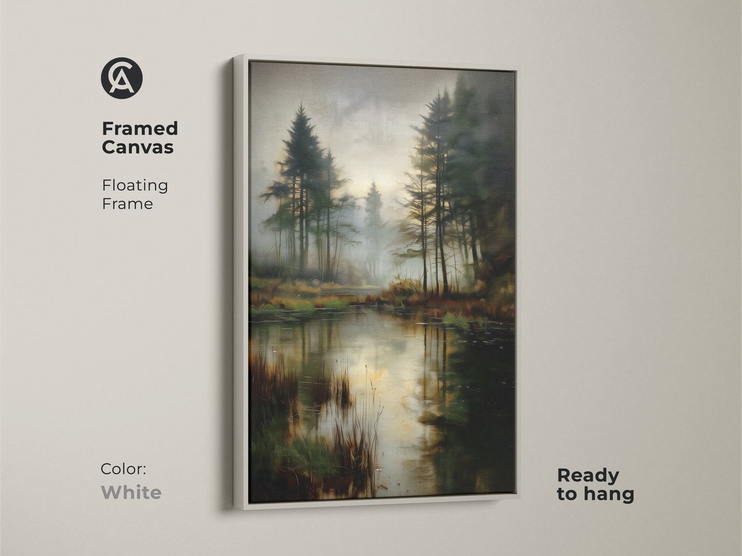 Framed canvas of a misty pine forest lake with a white floating frame. The deep green landscape artwork brings a sense of calm. This rustic pine trees wall art is ready to hang. Perfect for bedroom landscape wall decor.