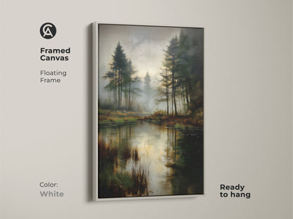 Framed canvas of a misty pine forest lake with a white floating frame. The deep green landscape artwork brings a sense of calm. This rustic pine trees wall art is ready to hang. Perfect for bedroom landscape wall decor.