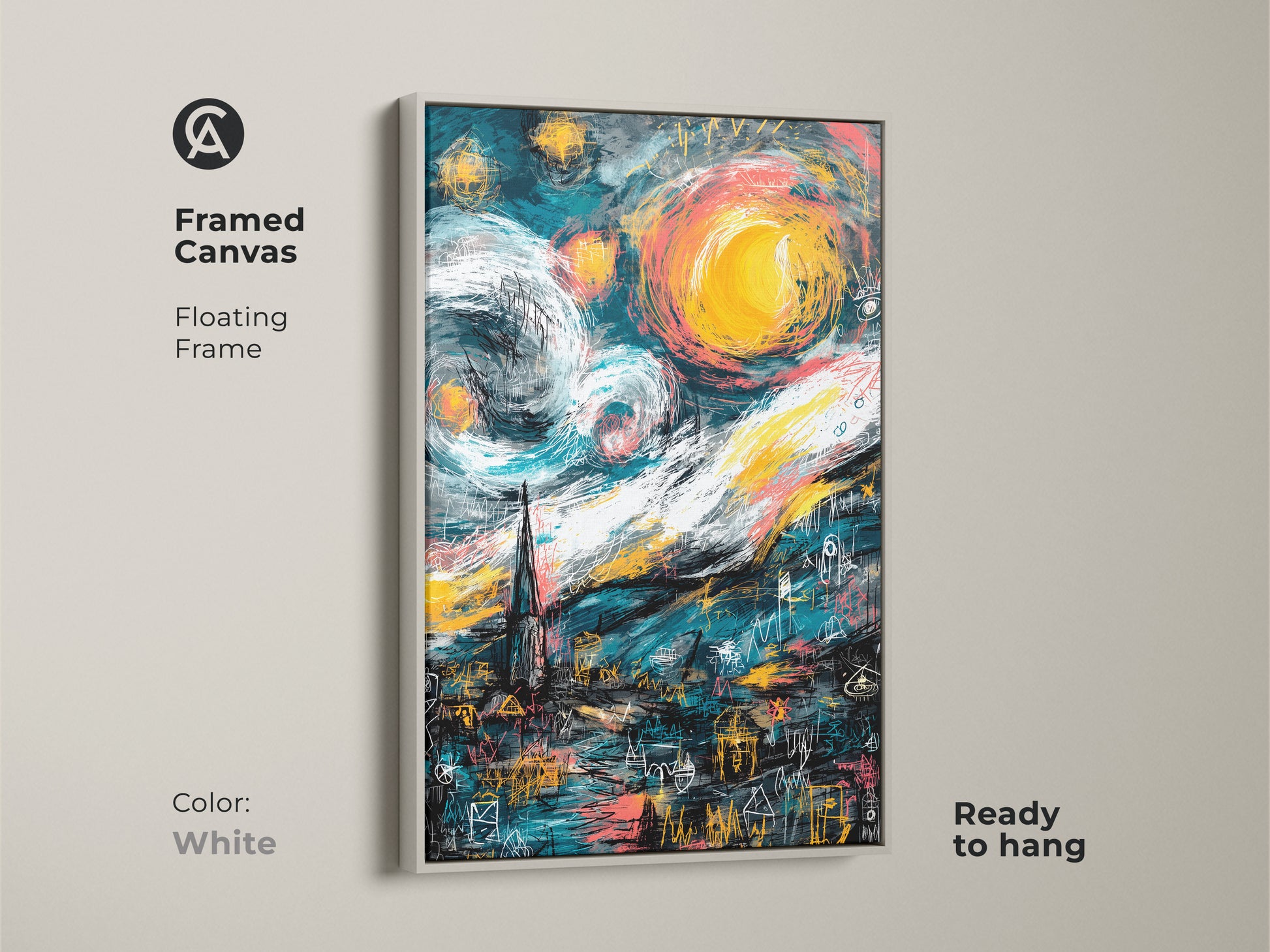 Brighten your decor with this framed canvas artwork. It has a floating frame in white. A modern interpretation of Van Gogh's Starry Night. This ready-to-hang piece brings a clean artistic touch to any room.