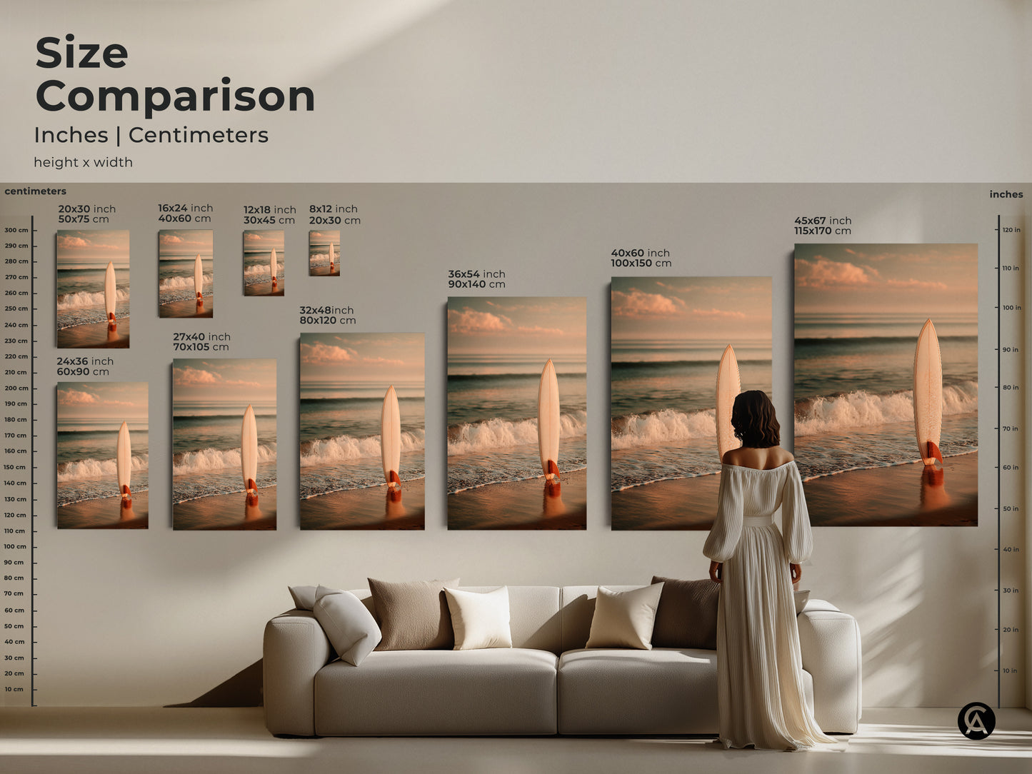 Size comparison of surfboard beach artwork. Various sizes are available in inches and centimeters. This artwork is perfect for any living room. Choose the ideal dimensions to enhance your home's aesthetic. Find the perfect fit now.