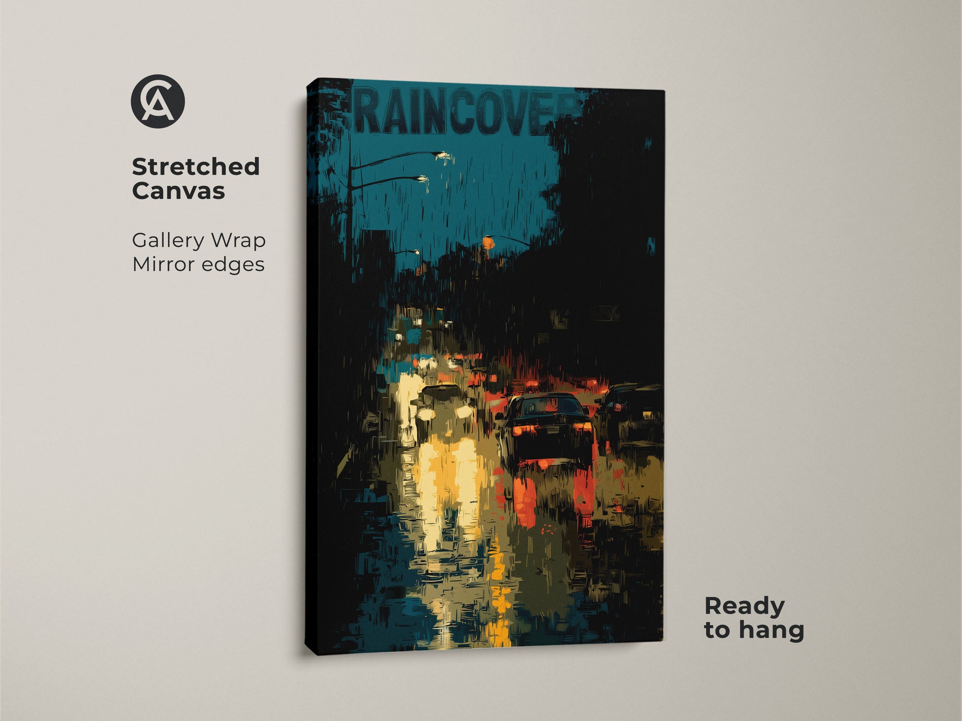 A stretched canvas showcases urban cityscape wall art. It is a rainy city street scene with contemporary teal and black art. The gallery wrap has mirrored edges and is ready to hang. The print features yellow streetlights and car traffic. This modern apartment decor is a perfect city dweller gift.