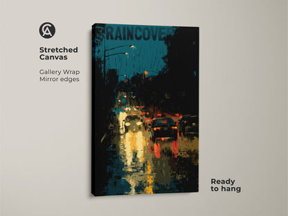 A stretched canvas showcases urban cityscape wall art. It is a rainy city street scene with contemporary teal and black art. The gallery wrap has mirrored edges and is ready to hang. The print features yellow streetlights and car traffic. This modern apartment decor is a perfect city dweller gift.