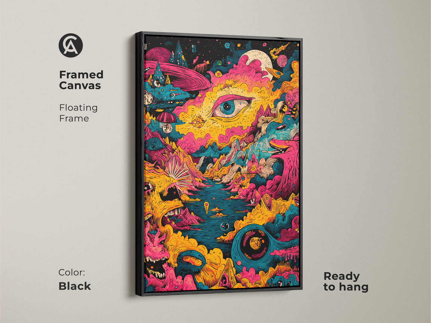 Framed canvas print with a black floating frame. This psychedelic artwork is ready to hang. Its vibrant colors and surreal subject matter make it a captivating piece. It enhances the modern aesthetic of any living space. A perfect addition for art collectors.