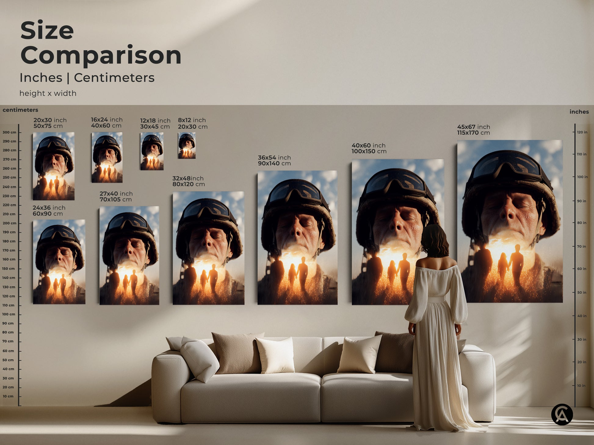 Size comparison of conceptual soldier portrait art. See how different sizes of this military family hope canvas fit above a sofa. Available in inches and centimeters. Perfect wall art for any room. Makes a thoughtful veteran's day gift.