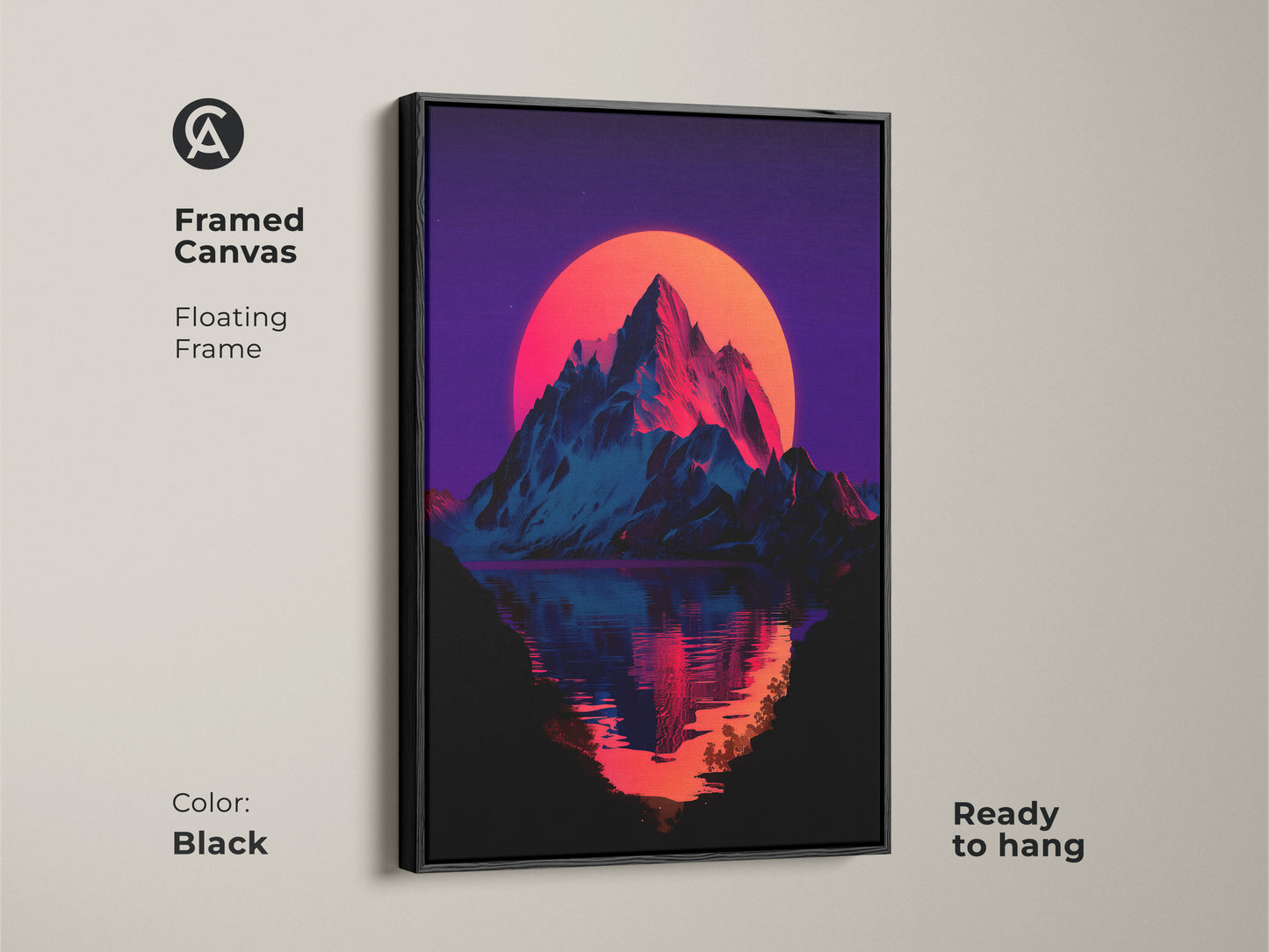 Framed canvas art features a synthwave mountain sunset. It has a floating black frame. The neon orange sun and lake reflection create a dramatic effect. Ready to hang for easy decoration.