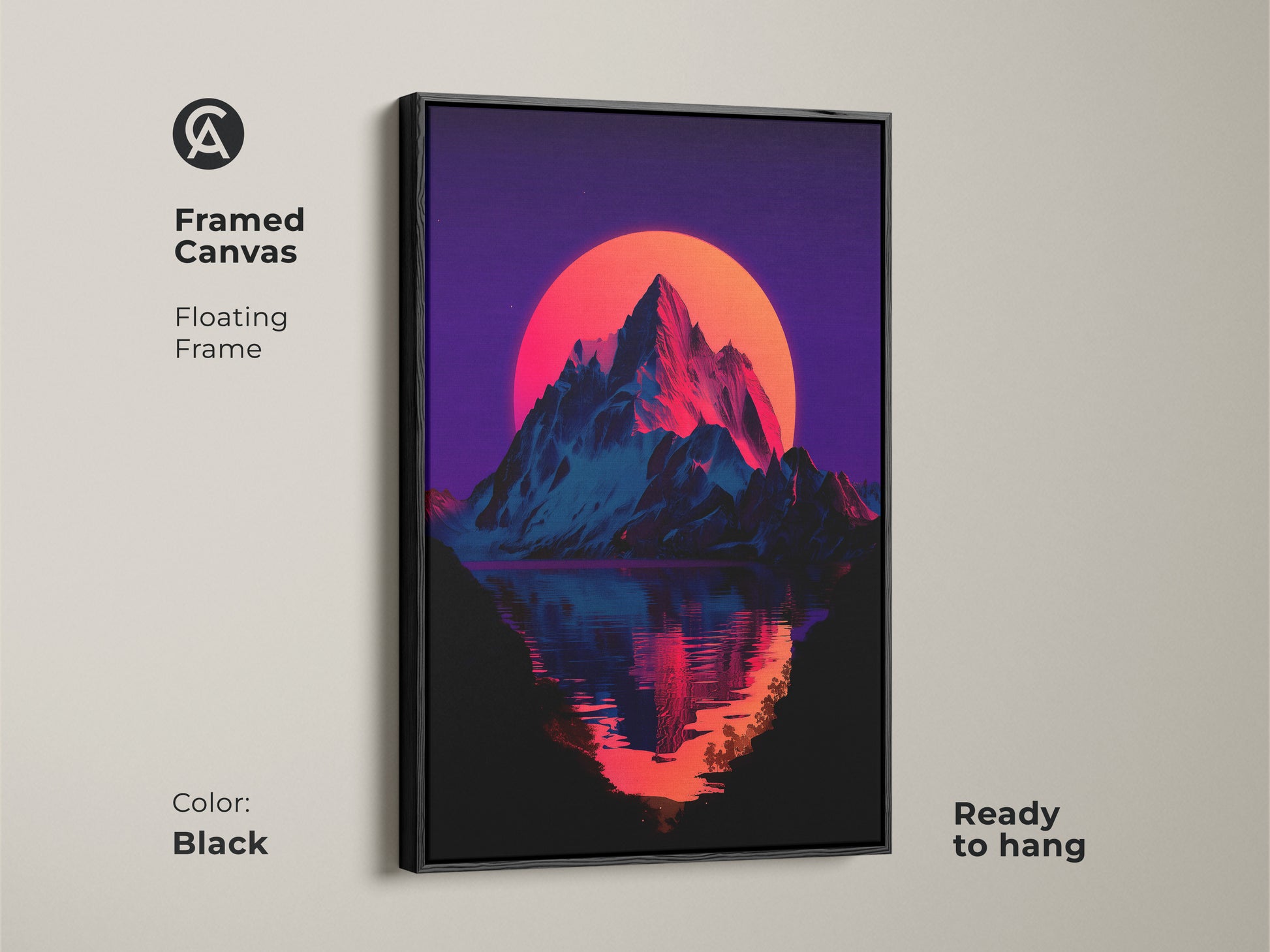 Framed canvas art features a synthwave mountain sunset. It has a floating black frame. The neon orange sun and lake reflection create a dramatic effect. Ready to hang for easy decoration.