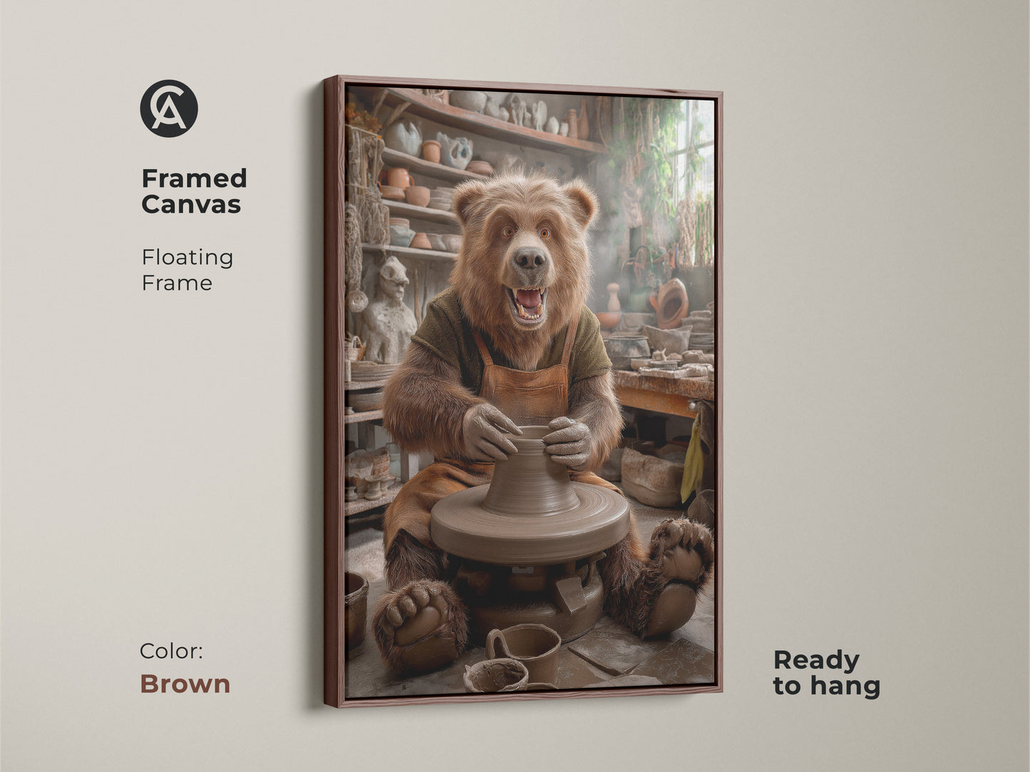 Framed canvas of a bear at a pottery wheel in brown. Floating frame enhances the rustic studio art. This ready to hang artwork features earthy tones. Great for a creative space or workshop. A unique gift for ceramic artists animal making clay or kiln art print.