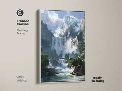 Framed canvas featuring a scenic mountain waterfall. The white floating frame highlights the vibrant blue green tones of the landscape. This nature wall decor is ready to hang bringing rustic beauty to your home.