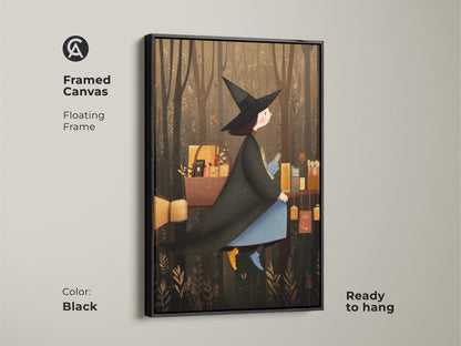Framed canvas artwork showing a witch flying through a forest. The floating frame is black. This witchcraft wall hanging adds charm to any room. Great gift for witch friends.