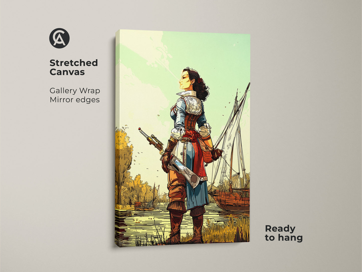 Stretched Canvas of a Female Pirate Captain with Sailing Ship. Gallery wrapped with mirror edges ready to hang. Nautical adventure artwork perfect for eclectic home decor. The teal and brown tones create a adventurous atmosphere. A historical woman is featured in this comic style art print.