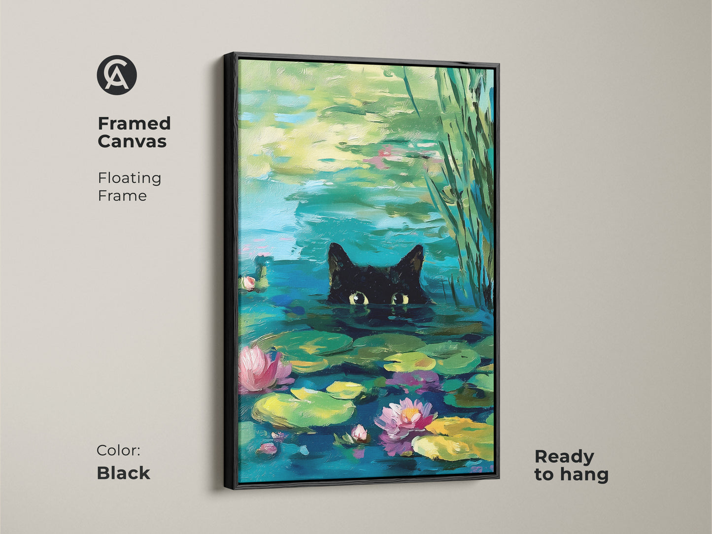 Black framed canvas featuring a black cat in a pond. This floating framed art piece is ready to hang. The artwork showcases a cat surrounded by water lilies. This wall art adds a touch of elegance to your decor.