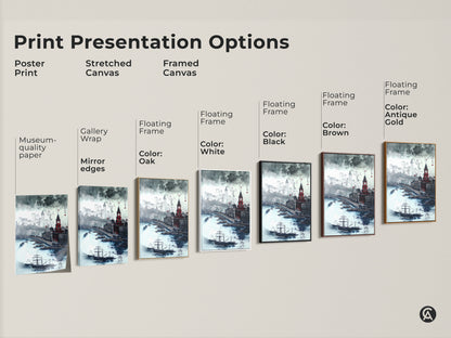 Explore print presentation options for ink wash cityscape art. Choose from poster prints stretched canvas and framed canvas. Find floating frames in black brown antique gold and white. Museum-quality edges and gallery wraps enhance the maritime architecture.