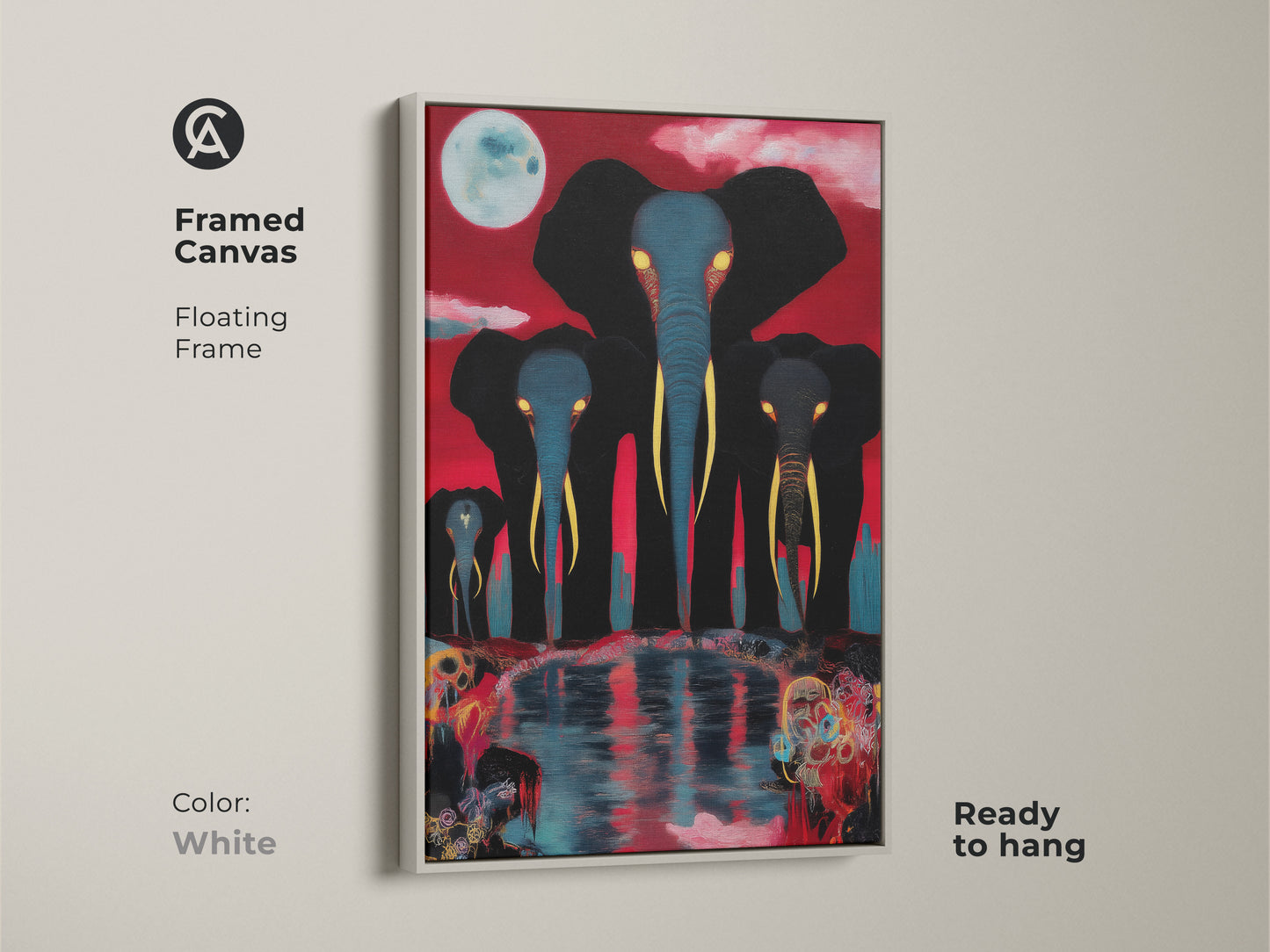 A framed canvas in a white floating frame showcases surreal elephant family art under a moon. The red backdrop enhances the blues and blacks. This artwork makes a unique statement in any room.