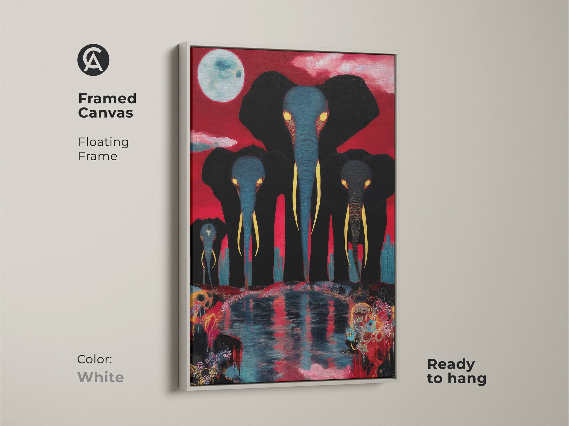 A framed canvas in a white floating frame showcases surreal elephant family art under a moon. The red backdrop enhances the blues and blacks. This artwork makes a unique statement in any room.