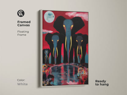 A framed canvas in a white floating frame showcases surreal elephant family art under a moon. The red backdrop enhances the blues and blacks. This artwork makes a unique statement in any room.