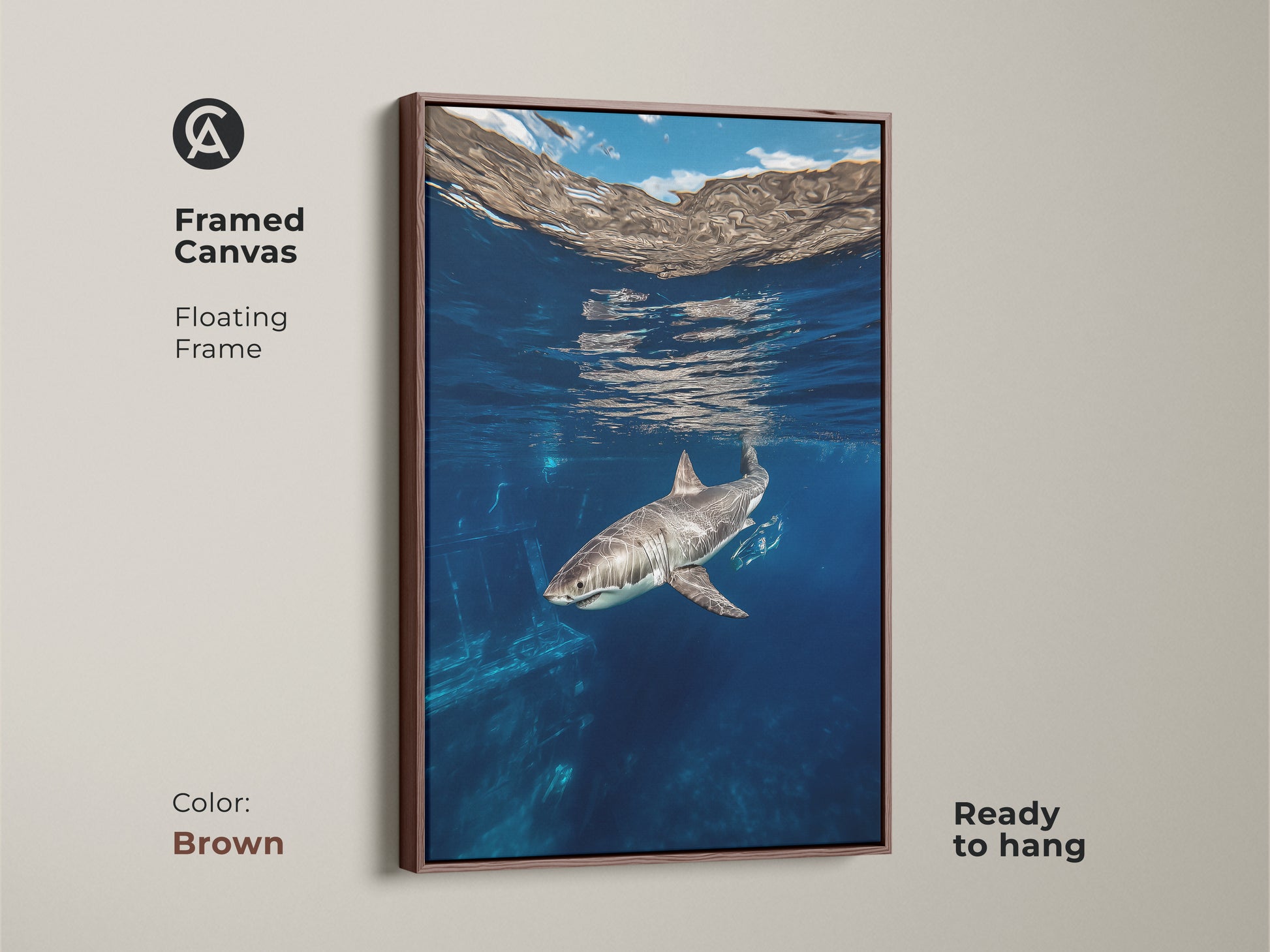 This framed canvas with a floating frame displays underwater art of a Great White Shark in its deep blue natural habitat. The marine life artwork is ready to hang. The brown frame complements the blue ocean animal artwork a great gift for shark lovers.