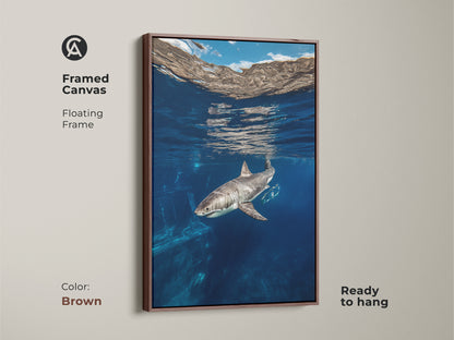 This framed canvas with a floating frame displays underwater art of a Great White Shark in its deep blue natural habitat. The marine life artwork is ready to hang. The brown frame complements the blue ocean animal artwork a great gift for shark lovers.