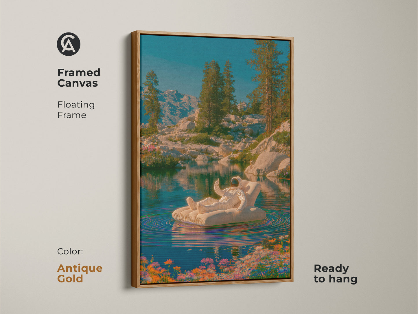 This framed canvas features an astronaut. This surreal mountain lake canvas has blue green teal nature wall art. This contemporary space aesthetic is a cool astronaut poster. It can be used as unique home office art. This makes a great housewarming gift for him.