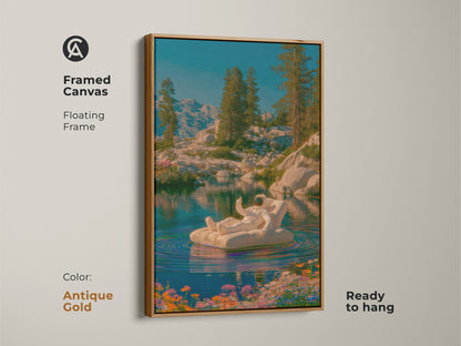 This framed canvas features an astronaut. This surreal mountain lake canvas has blue green teal nature wall art. This contemporary space aesthetic is a cool astronaut poster. It can be used as unique home office art. This makes a great housewarming gift for him.