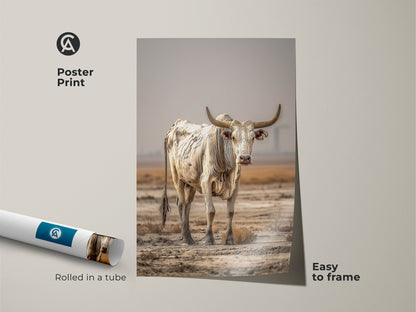 A poster print showcases wildlife bull artwork rolled in a tube. The cream brown animal print is easy to frame. This tan farmhouse bedroom art adds a touch of the west. It's ideal country cow wall hanging for any farmhouse lover. The wildlife bull artwork enhances any space.