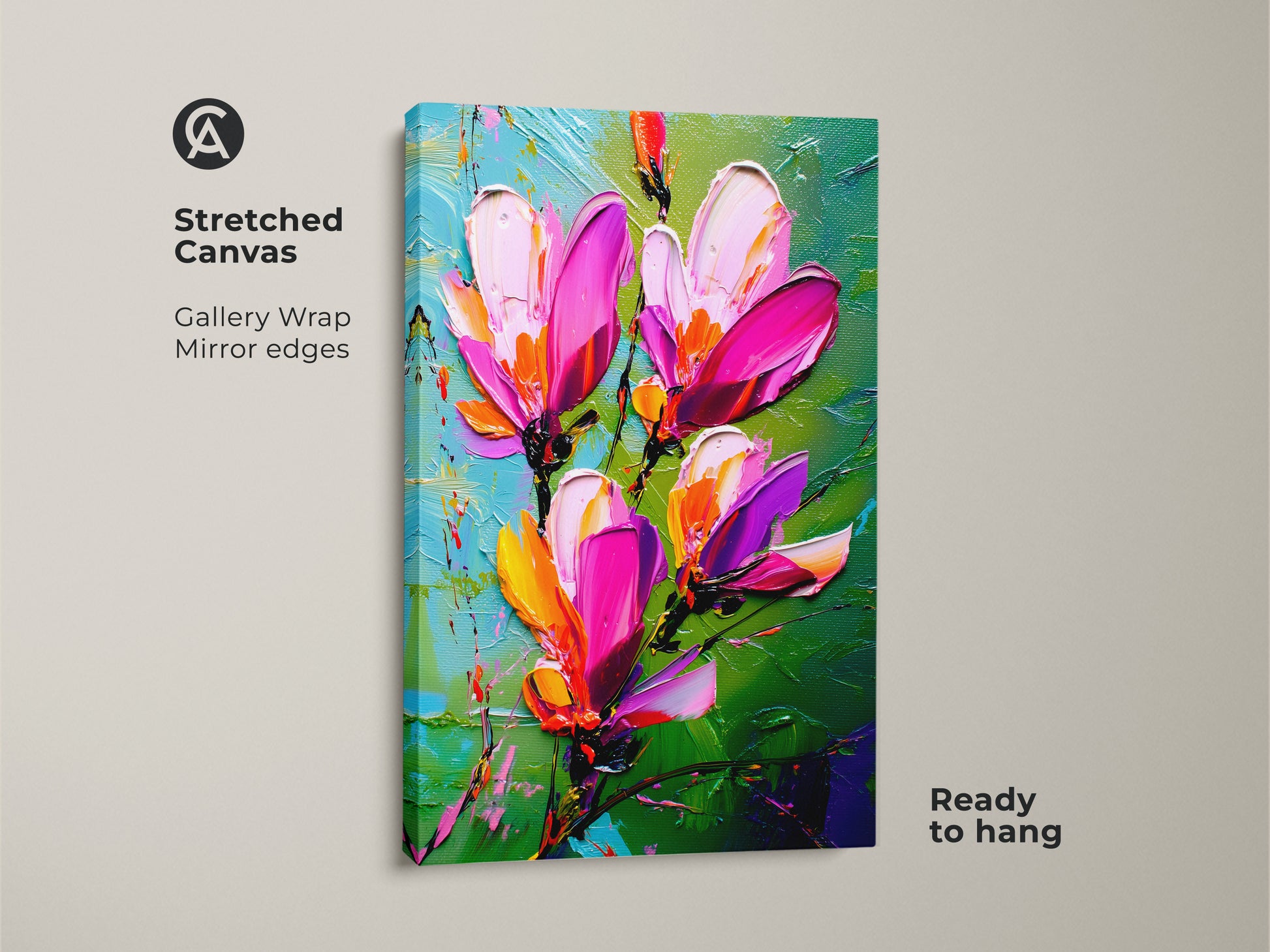 Stretched canvas print showcasing a textured floral motif with pink magnolias. Magenta abstract flower art on a gallery wrap with mirror edges. Ready to hang botanical artwork for eclectic home decor. This vibrant flower poster is perfect for living room decor.
