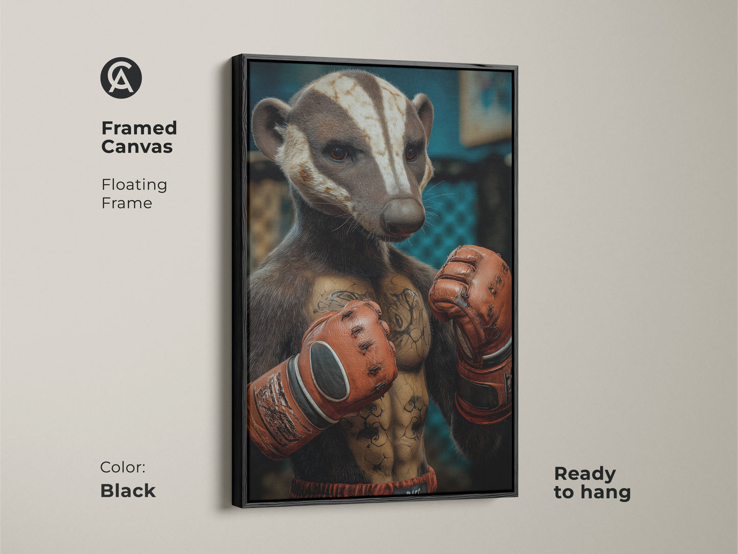 Framed canvas featuring the Badger Boxer with a black floating frame. Ready to hang this tough animal art print adds edge to any room. Ideal office decor for those who love sports theme wall art. Perfect gift for boxing fans looking for unique animal artwork.
