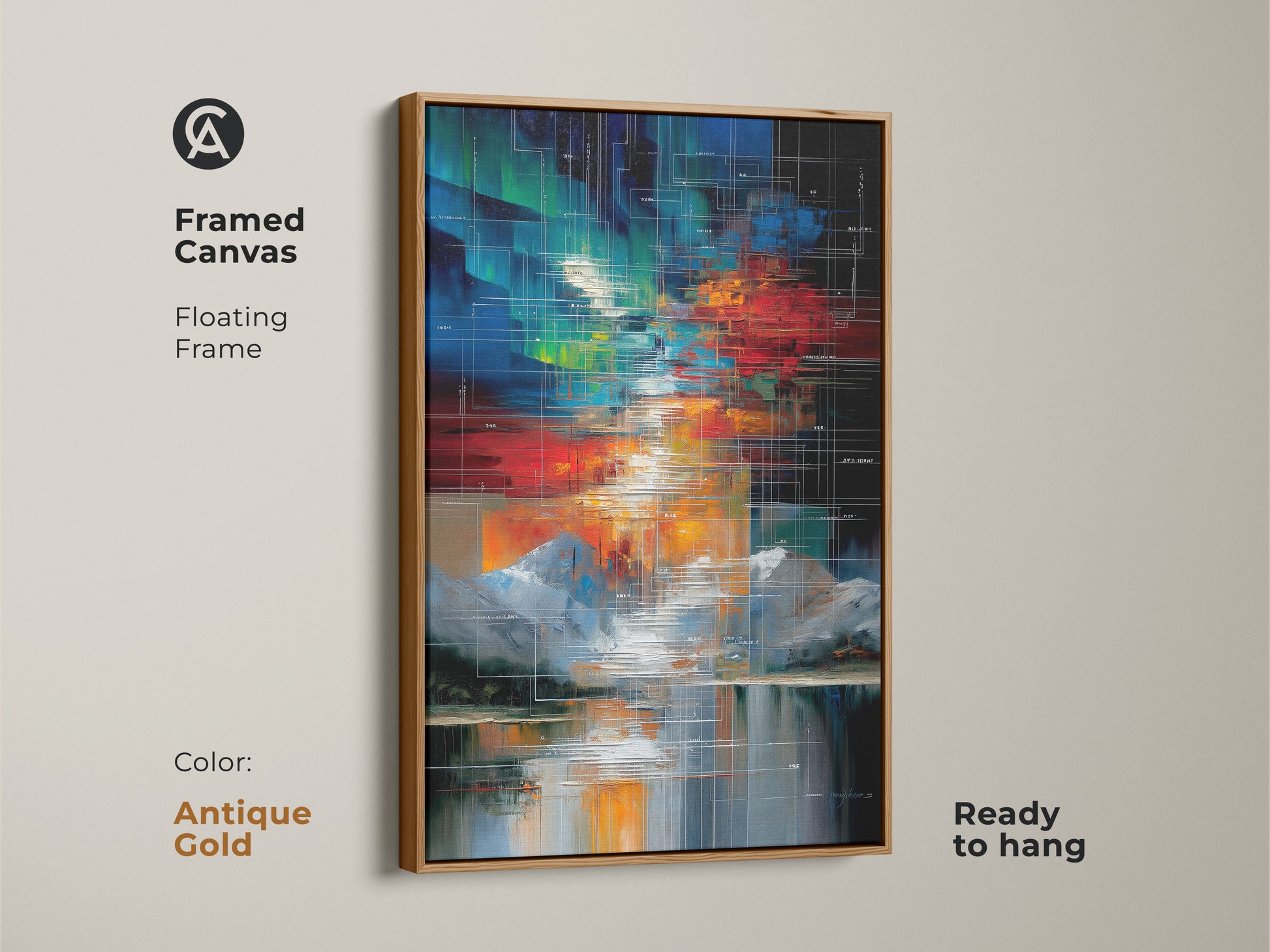 This is a framed canvas print featuring an abstract geometric mountain lake scene. The art uses red green and blue colors. This contemporary piece has an antique gold floating frame. The artwork is ready to hang and complements a tech themed decor making it a unique housewarming gift.