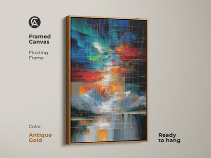 This is a framed canvas print featuring an abstract geometric mountain lake scene. The art uses red green and blue colors. This contemporary piece has an antique gold floating frame. The artwork is ready to hang and complements a tech themed decor making it a unique housewarming gift.