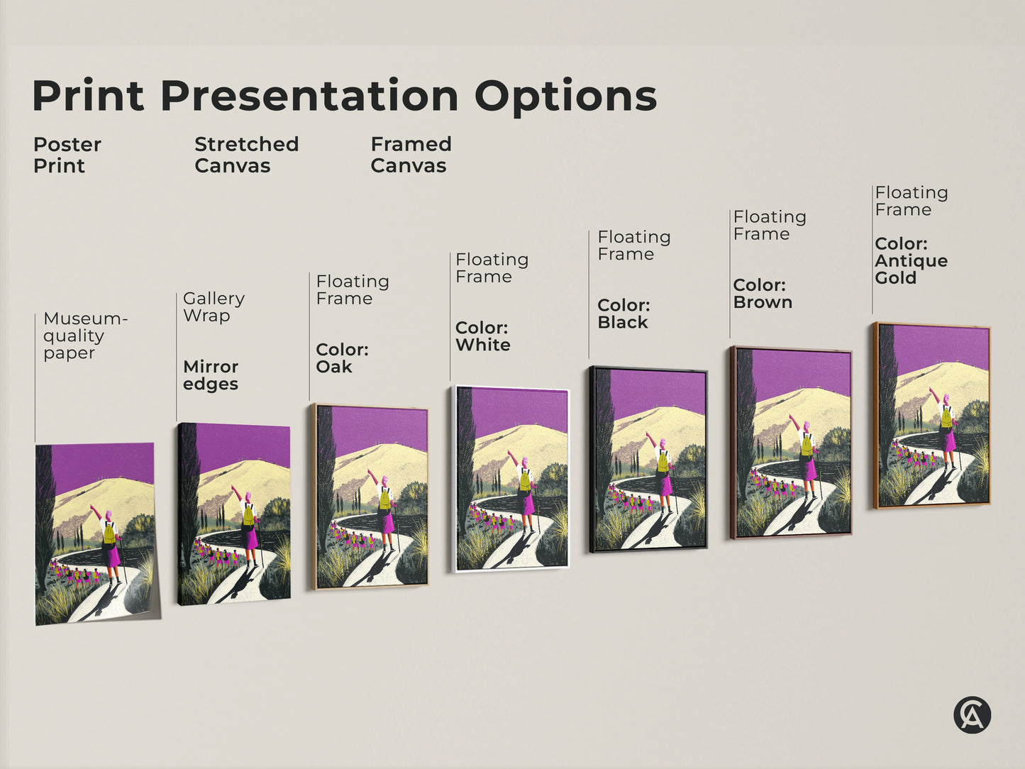 Print presentation options include poster stretched and framed canvas. Museum quality paper and mirror edges are available. Floating frames in oak white black brown and antique gold enhance the hiking landscape wall art. Perfect for any decor style.