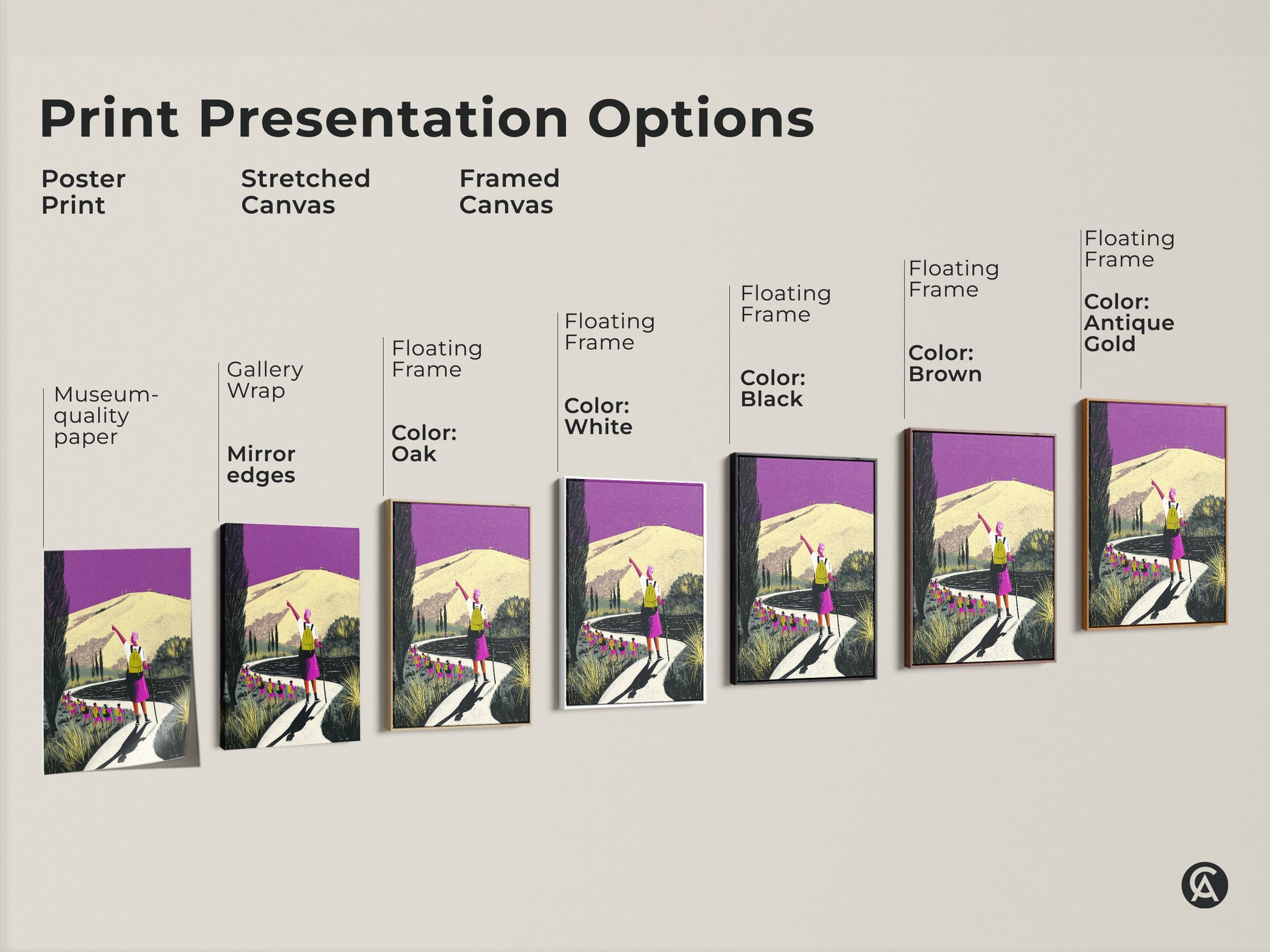 Print presentation options include poster stretched and framed canvas. Museum quality paper and mirror edges are available. Floating frames in oak white black brown and antique gold enhance the hiking landscape wall art. Perfect for any decor style.
