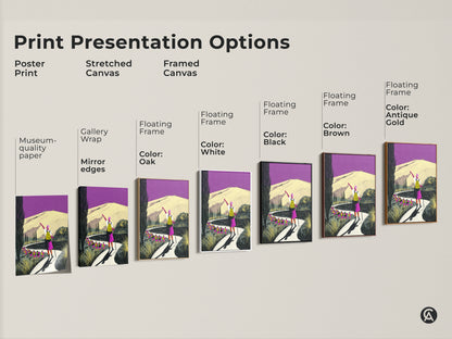 Print presentation options include poster stretched and framed canvas. Museum quality paper and mirror edges are available. Floating frames in oak white black brown and antique gold enhance the hiking landscape wall art. Perfect for any decor style.