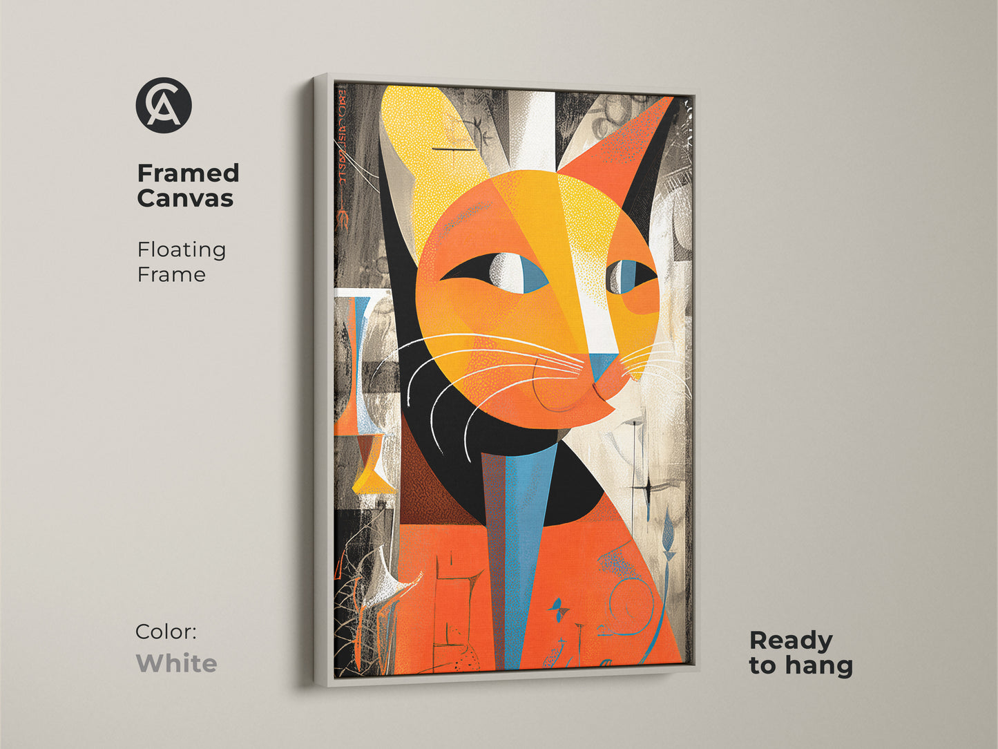Framed canvas presenting abstract cat artwork with a white floating frame. This orange and yellow geometric feline art is ready to hang. Perfect for adding a modern touch to any cat lover's home or office.