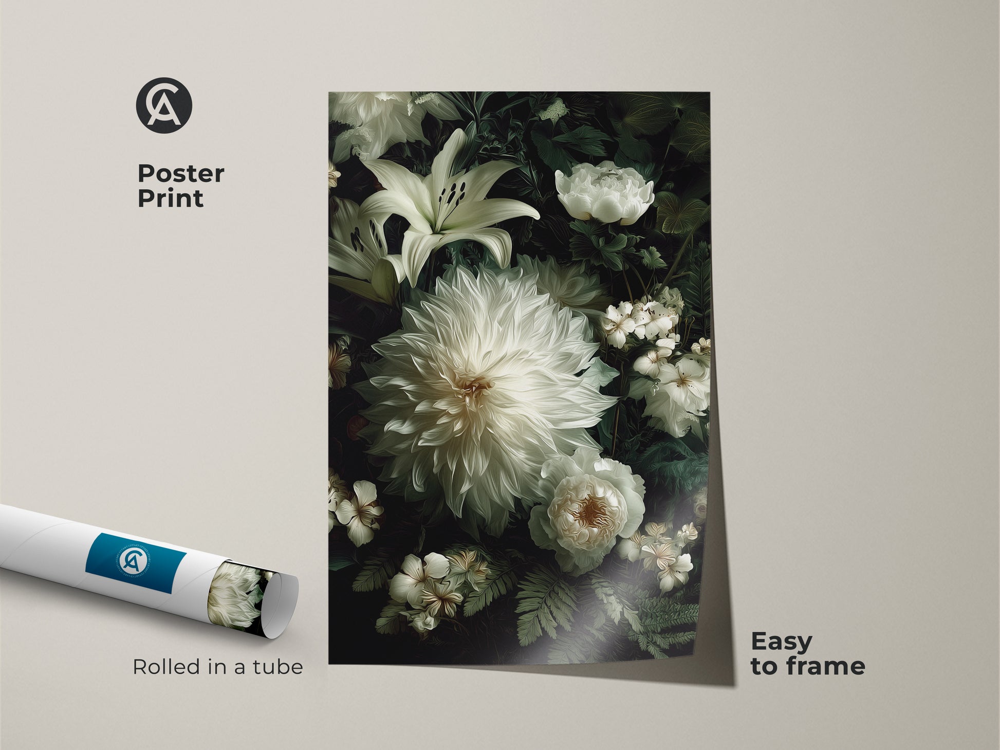 Poster print of white dahlia lilies and roses rolled in a tube. This floral art print is easy to frame. Perfect for adding a touch of nature to your decor. Get this museum-quality poster artwork today.