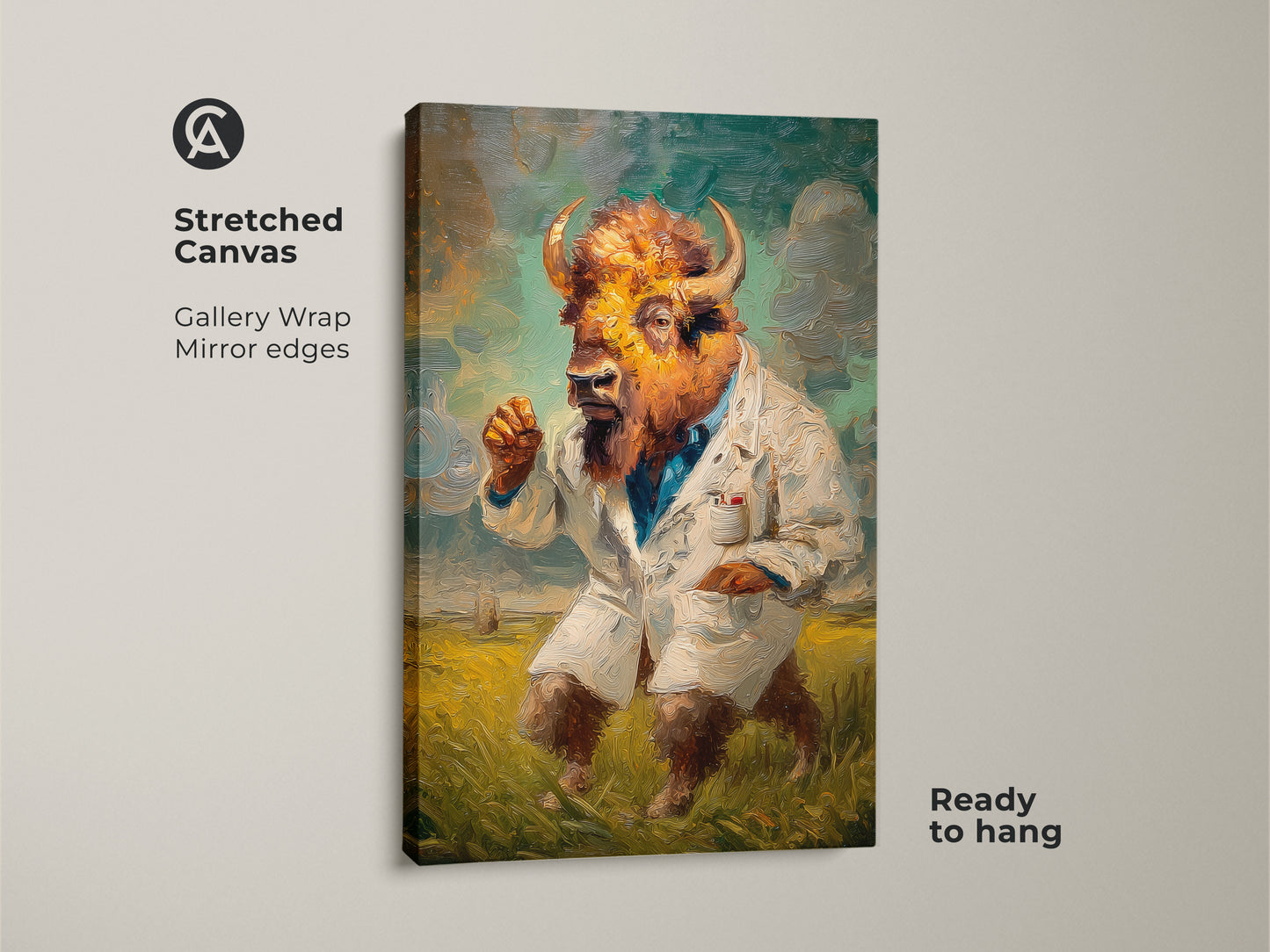This is a stretched canvas print of a buffalo-human hybrid. The artwork shows the figure in a lab coat. This gallery wrapped canvas features mirror edges. The buffalo-human art comes ready to hang in your home or office.