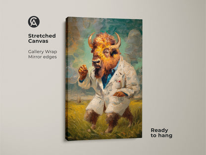 This is a stretched canvas print of a buffalo-human hybrid. The artwork shows the figure in a lab coat. This gallery wrapped canvas features mirror edges. The buffalo-human art comes ready to hang in your home or office.