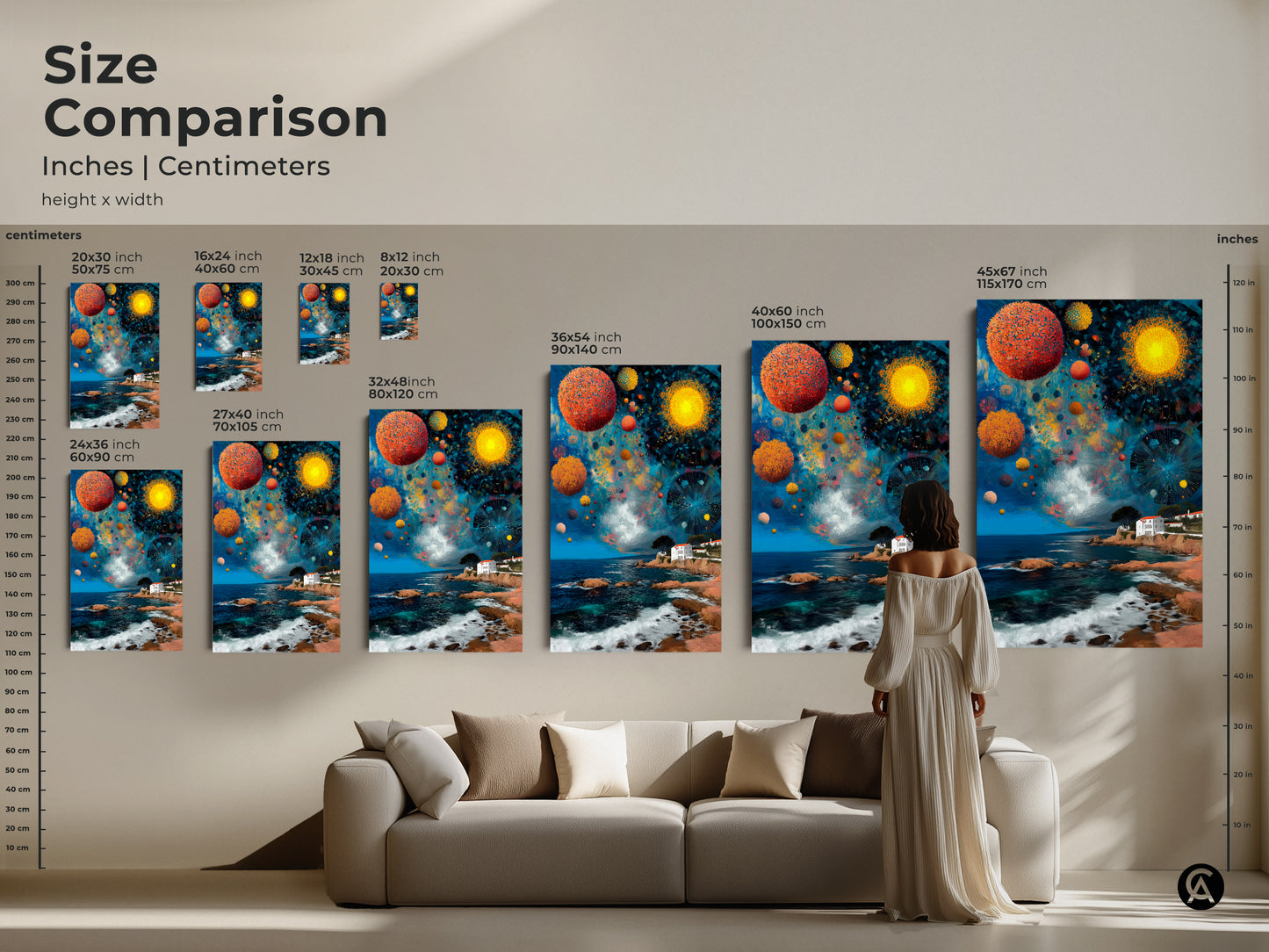 Size comparison of the abstract celestial orbs artwork. Inches and centimeters are shown for each canvas print. Visualize the art above a sofa to see the scale. Perfect for any eclectic space.