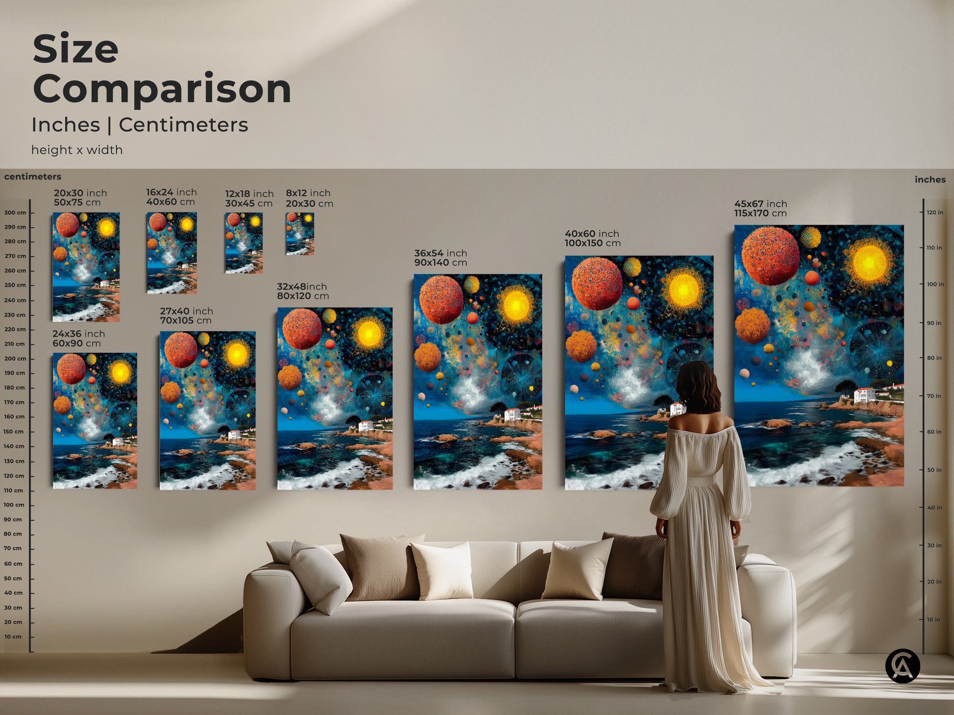 Size comparison of the abstract celestial orbs artwork. Inches and centimeters are shown for each canvas print. Visualize the art above a sofa to see the scale. Perfect for any eclectic space.