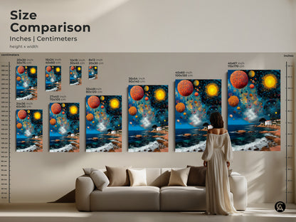 Size comparison of the abstract celestial orbs artwork. Inches and centimeters are shown for each canvas print. Visualize the art above a sofa to see the scale. Perfect for any eclectic space.