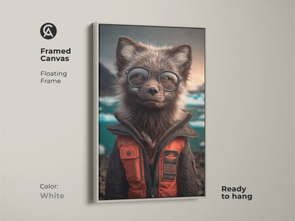 Framed Canvas of a Arctic Fox wearing glasses with a floating frame in white. Anthropomorphic fox art wall decor for an Eclectic study room artwork. Animal lover birthday gift idea with orange and teal fox painting. Ready to hang canvas art.