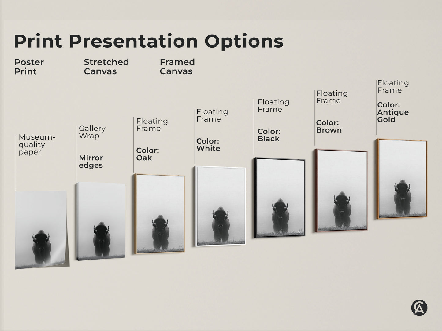 Explore print presentation options. See a poster print a stretched canvas and a framed canvas. Each features monochrome bison art for a rustic modern wildlife touch. Frames in oak white black brown and antique gold are available.